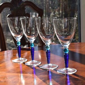 Vintage Pier 1 Orbit Spice Set of 4 Wine Glasses - Hand Blown Blue Stripe